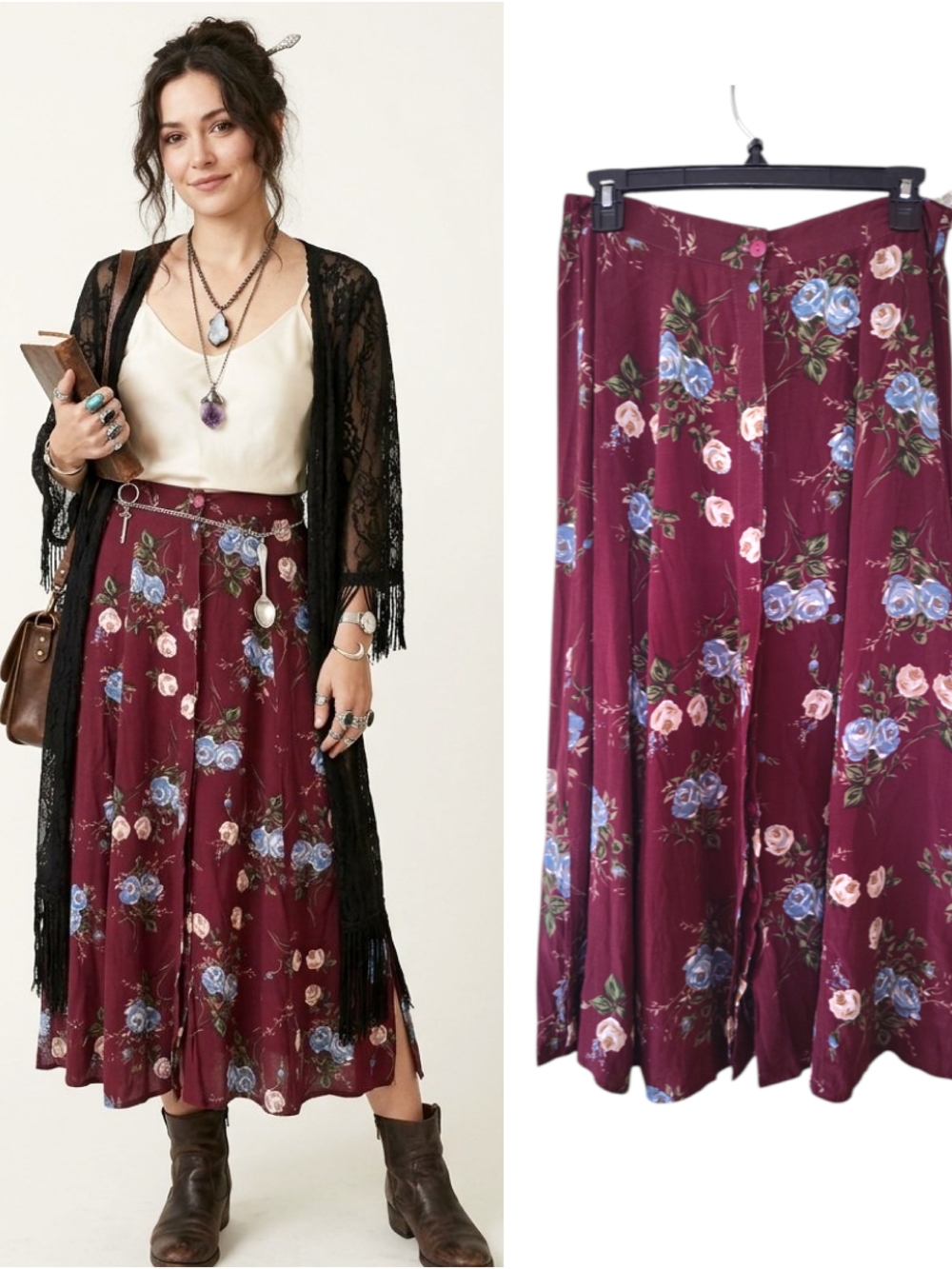 VTG Burgundy Floral Button Front Midi Skirt w/ Slits Medium Whimsy